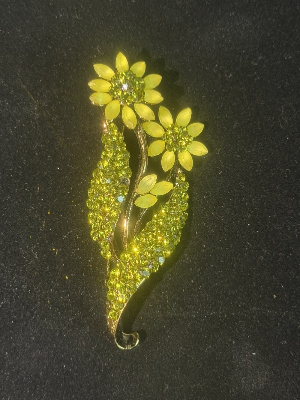 Vintage Rom Signed Yellow & Olive Green Rhinestone Flower Brooch Pin